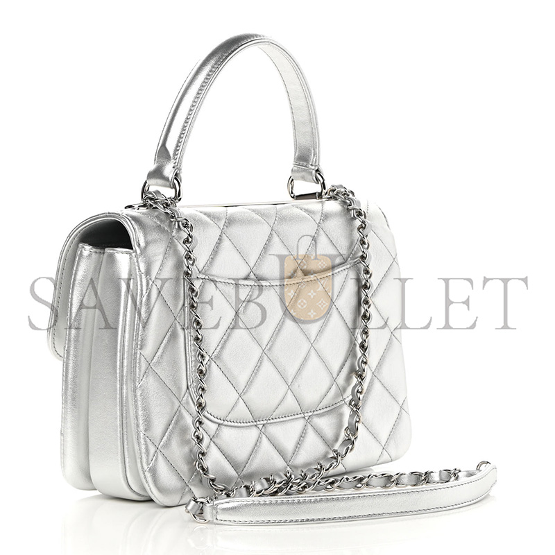 CHANEL METALLIC LAMBSKIN QUILTED SMALL TRENDY CC FLAP DUAL HANDLE BAG SILVER  (25*17*9cm)